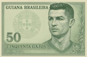 Nota de dinheiro ficticio da Guiana Brasileira (Gajos) no valor de 50 unidades e a éfige do Cristiano Ronaldo